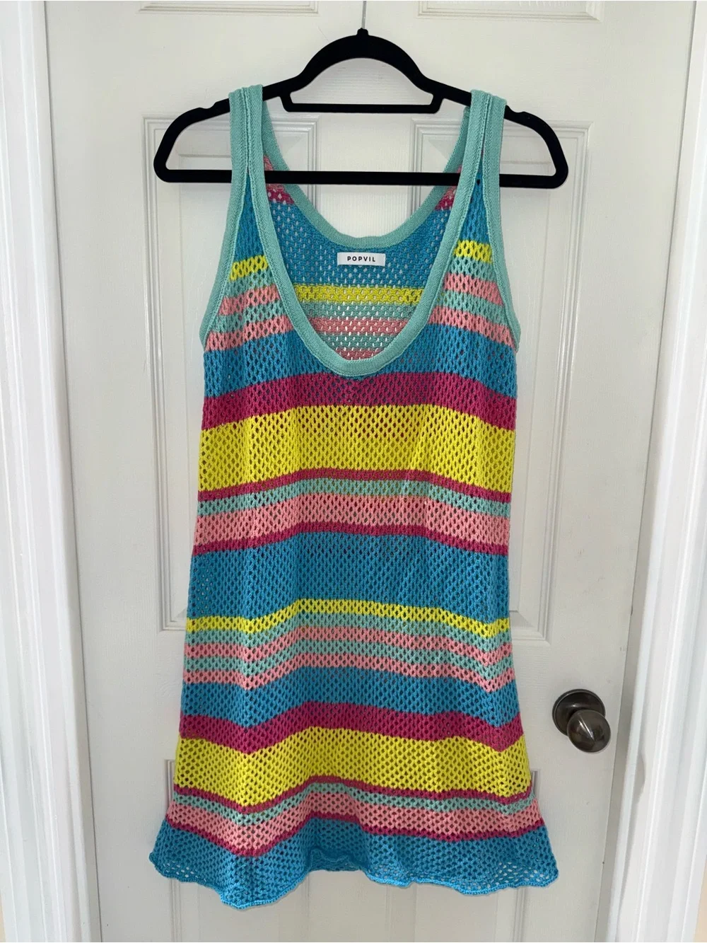 POPVIL Multicolor Striped Mesh Coverup Dress - Turquoise, Yellow, Pink